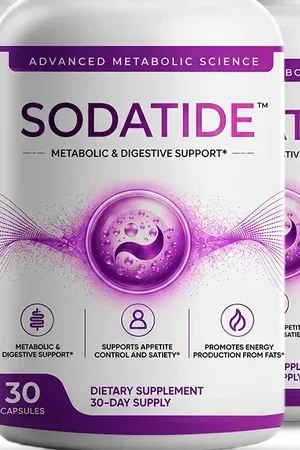 SodaTide supplement bottle showing the label listing chicory root inulin, potato resistant starch, and a three-strain probiotic blend